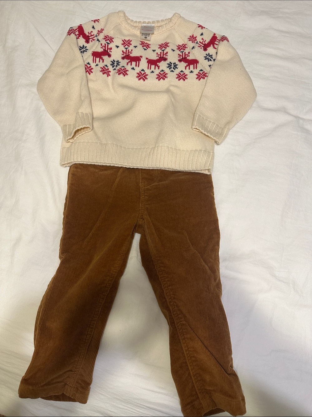 Hanna Andersson Cream Christmas Reindeer Sweater & Brown Corduroy Pants, 3T